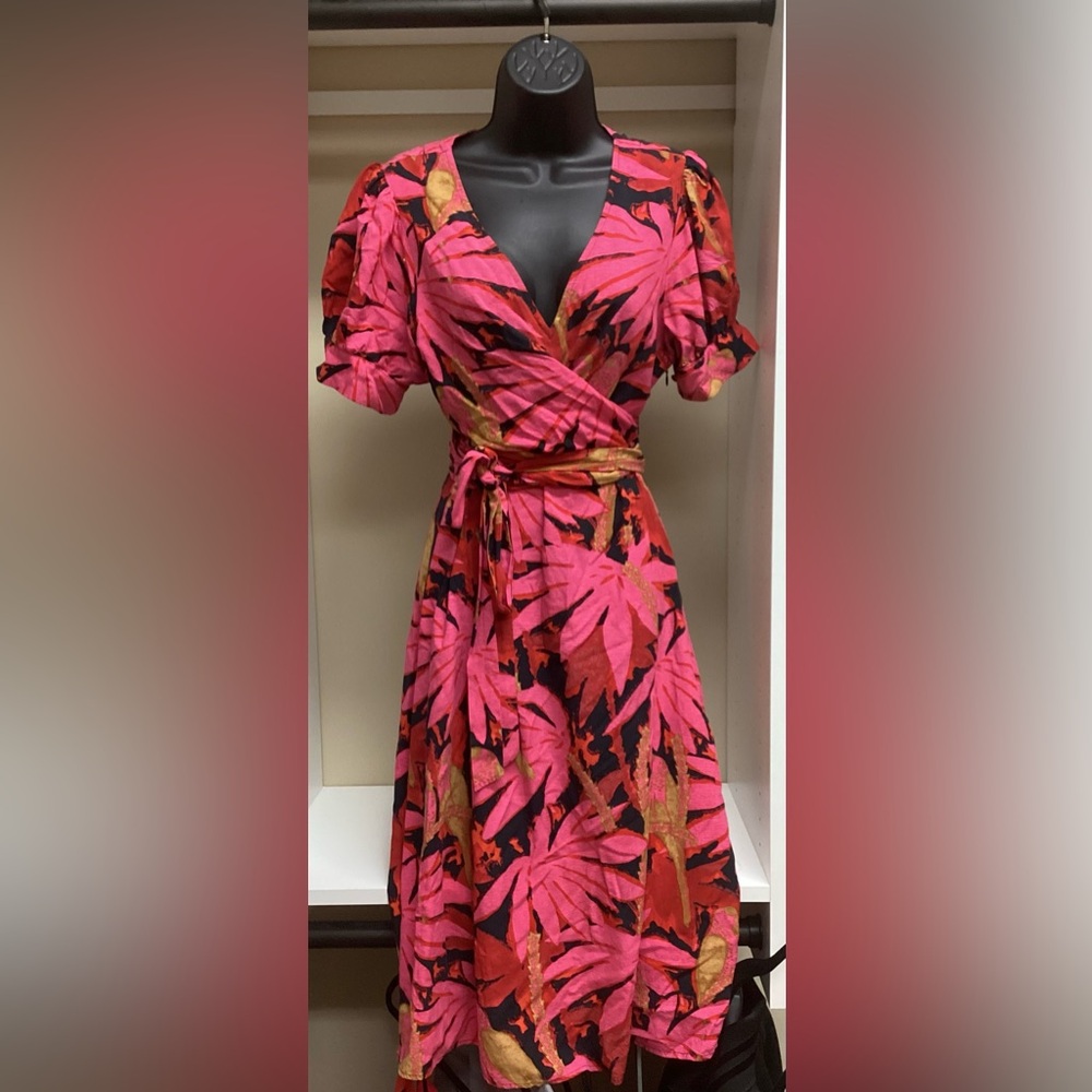 J. Crew Pink and Black Puff Sleeve Wrap Sundress